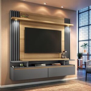 Floating Grey Wooden TV Console & Double Sided Wall Stripes Panels