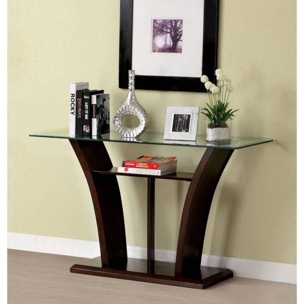 Glass Rectangular Top dark Brown Wooden Table Console