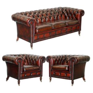 Old Charm Wooden Dark Brown Leather Sofa sets